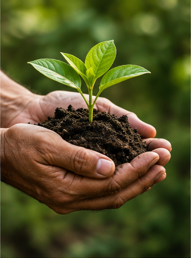 Hands cradling soil with a young seedling