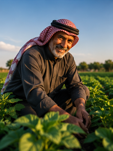 A Kuwaiti farmer kneeling among crops in the field