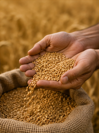 Hands pouring harvested wheat grain into a sack